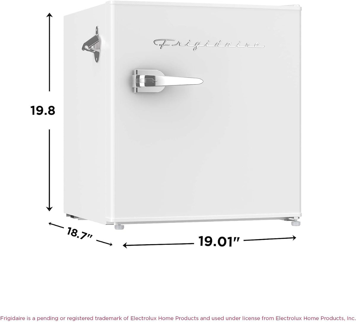Frigidaire Retro Compact Fridge with Chiller, Countertop, Built-in Bottle Opener, Compact Refrigerator 1.6 cu ft, Mini Fridge for Office, Bedroom, Dorm Room or Cabin - 16" D x 18" W x 18.5" H (White)