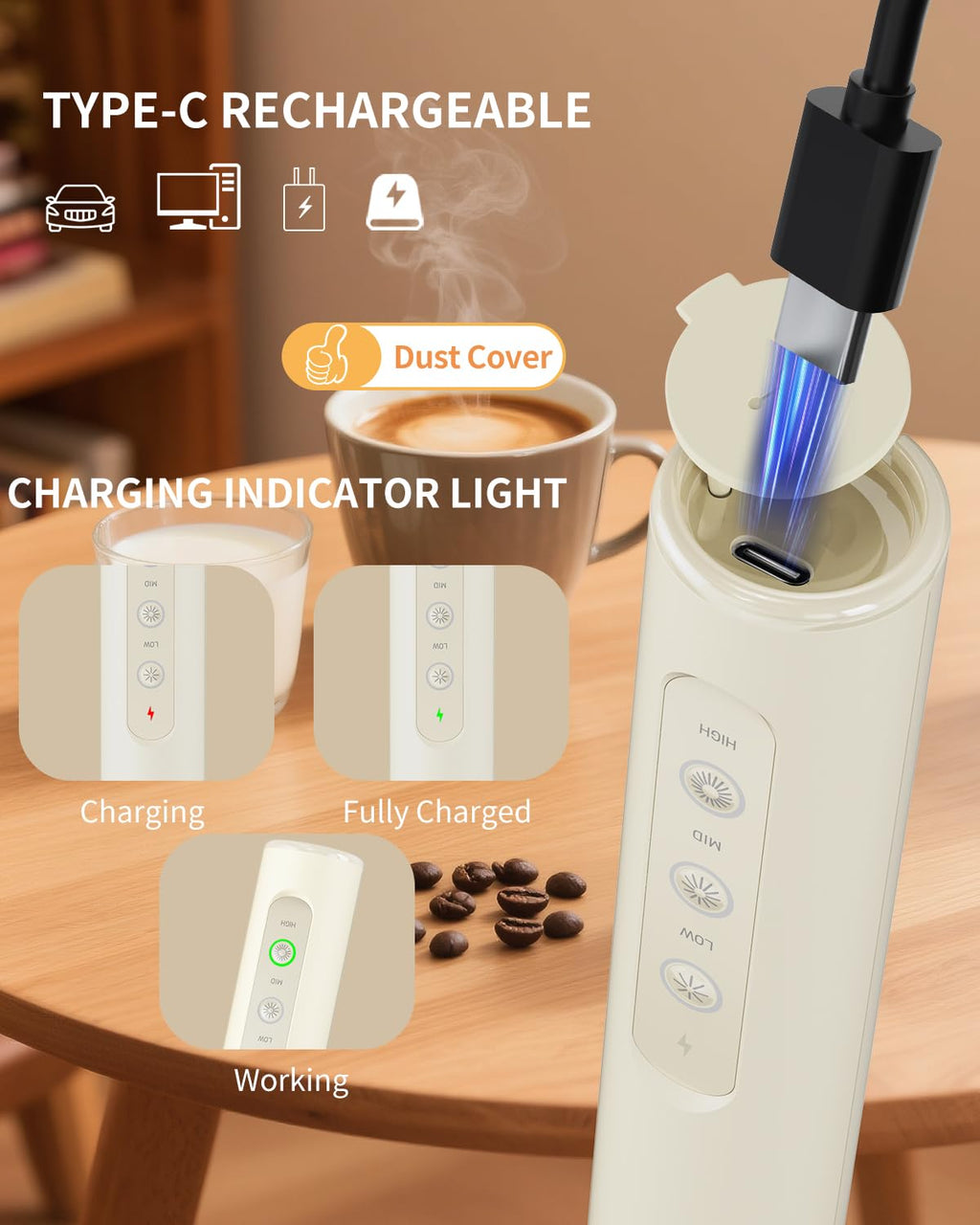 CIRCLE JOY Rechargeable Handheld Milk Frother Wand with Stand, 3 Variable Speeds, 3 Whisks and Storage Box, Electric Drink Mixer for Latte, Cappuccino, Hot Chocolate, Eggs and Protein Powder, Black