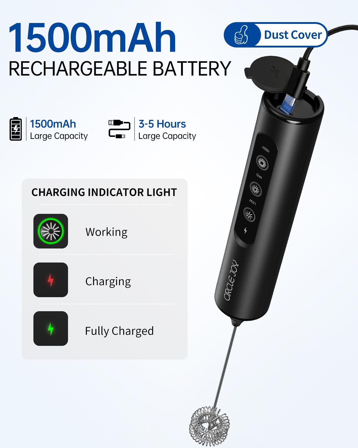CIRCLE JOY Rechargeable Handheld Milk Frother Wand with Stand, 3 Variable Speeds, 3 Whisks and Storage Box, Electric Drink Mixer for Latte, Cappuccino, Hot Chocolate, Eggs and Protein Powder, Black
