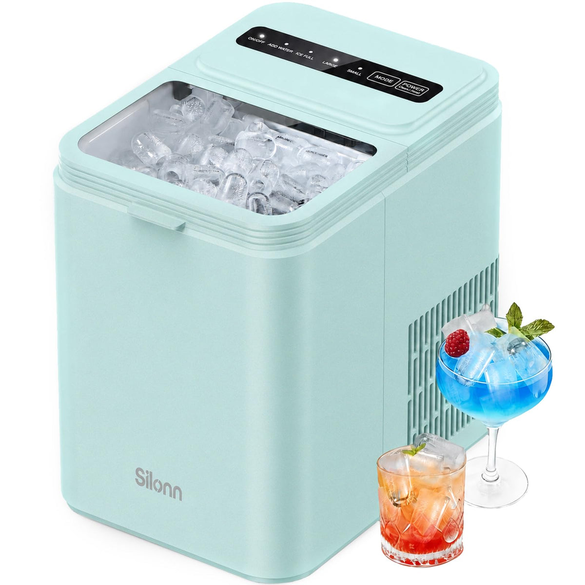 Silonn Ice Maker Countertop, Portable Ice Machine with Carry Handle, Self-Cleaning Ice Makers with Basket and Scoop, 9 Cubes in 6 Mins, 26 lbs per Day, Ideal for Home, Kitchen, Camping, RV