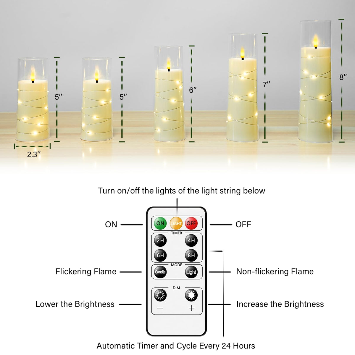 kakoya Flameless LED Candles with Timer 5 Pc Flickering Flameless Candles for Romantic Ambiance and Home Decoration Stable Acrylic Shell,with Embedded Star String，Battery Operated Candles（Grey）