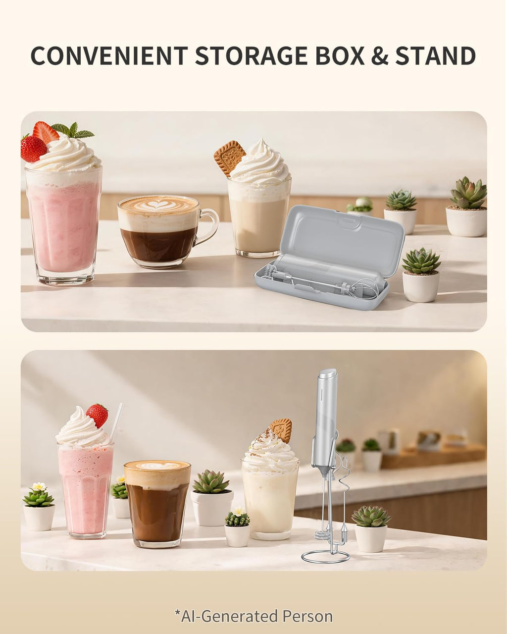 CIRCLE JOY Rechargeable Handheld Milk Frother Wand with Stand, 3 Variable Speeds, 3 Whisks and Storage Box, Electric Drink Mixer for Latte, Cappuccino, Hot Chocolate, Eggs and Protein Powder, Black
