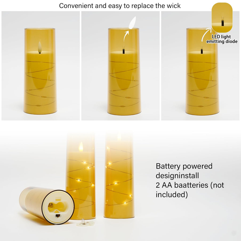 kakoya Flameless LED Candles with Timer 5 Pc Flickering Flameless Candles for Romantic Ambiance and Home Decoration Stable Acrylic Shell,with Embedded Star String，Battery Operated Candles（Grey）