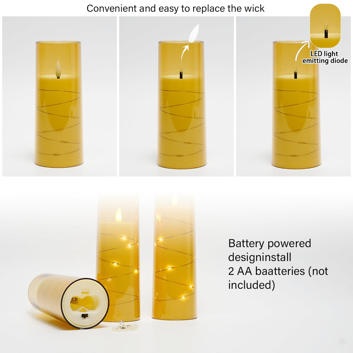 kakoya Flameless LED Candles with Timer 5 Pc Flickering Flameless Candles for Romantic Ambiance and Home Decoration Stable Acrylic Shell,with Embedded Star String，Battery Operated Candles（Grey）