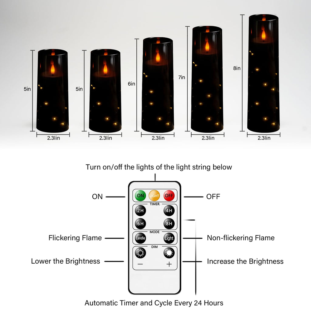 kakoya Flameless LED Candles with Timer 5 Pc Flickering Flameless Candles for Romantic Ambiance and Home Decoration Stable Acrylic Shell,with Embedded Star String，Battery Operated Candles（Grey）