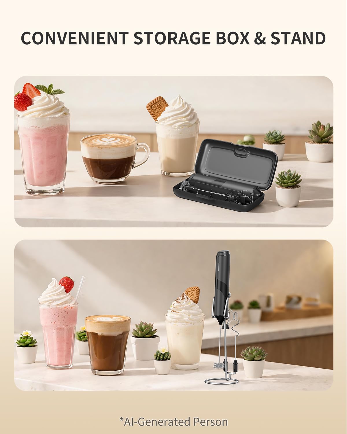 CIRCLE JOY Rechargeable Handheld Milk Frother Wand with Stand, 3 Variable Speeds, 3 Whisks and Storage Box, Electric Drink Mixer for Latte, Cappuccino, Hot Chocolate, Eggs and Protein Powder, Black