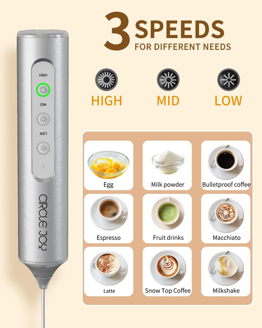 CIRCLE JOY Rechargeable Handheld Milk Frother Wand with Stand, 3 Variable Speeds, 3 Whisks and Storage Box, Electric Drink Mixer for Latte, Cappuccino, Hot Chocolate, Eggs and Protein Powder, Black