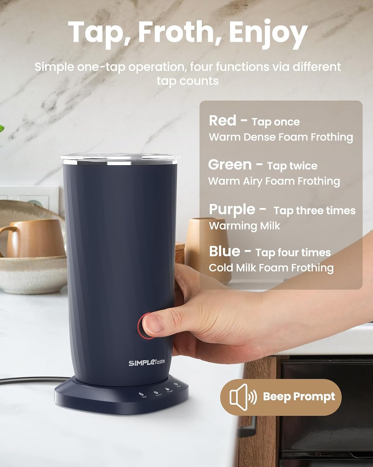 SIMPLETASTE Milk Frother, 4-in-1 Electric Automatic Milk Steamer, Dark Blue