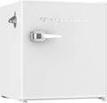 Frigidaire Retro Compact Fridge with Chiller, Countertop, Built-in Bottle Opener, Compact Refrigerator 1.6 cu ft, Mini Fridge for Office, Bedroom, Dorm Room or Cabin - 16" D x 18" W x 18.5" H (White)