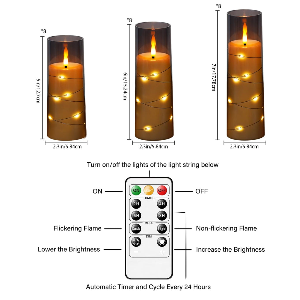 kakoya Flameless LED Candles with Timer 5 Pc Flickering Flameless Candles for Romantic Ambiance and Home Decoration Stable Acrylic Shell,with Embedded Star String，Battery Operated Candles（Grey）