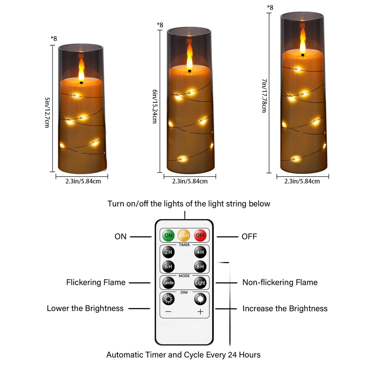 kakoya Flameless LED Candles with Timer 5 Pc Flickering Flameless Candles for Romantic Ambiance and Home Decoration Stable Acrylic Shell,with Embedded Star String，Battery Operated Candles（Grey）