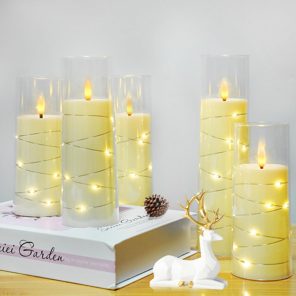 kakoya Flameless LED Candles with Timer 5 Pc Flickering Flameless Candles for Romantic Ambiance and Home Decoration Stable Acrylic Shell,with Embedded Star String，Battery Operated Candles（Grey）