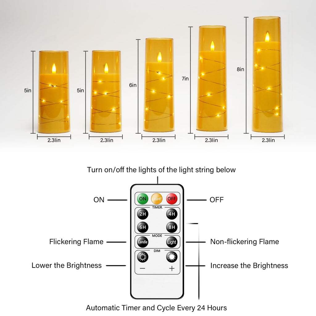 kakoya Flameless LED Candles with Timer 5 Pc Flickering Flameless Candles for Romantic Ambiance and Home Decoration Stable Acrylic Shell,with Embedded Star String，Battery Operated Candles（Grey）