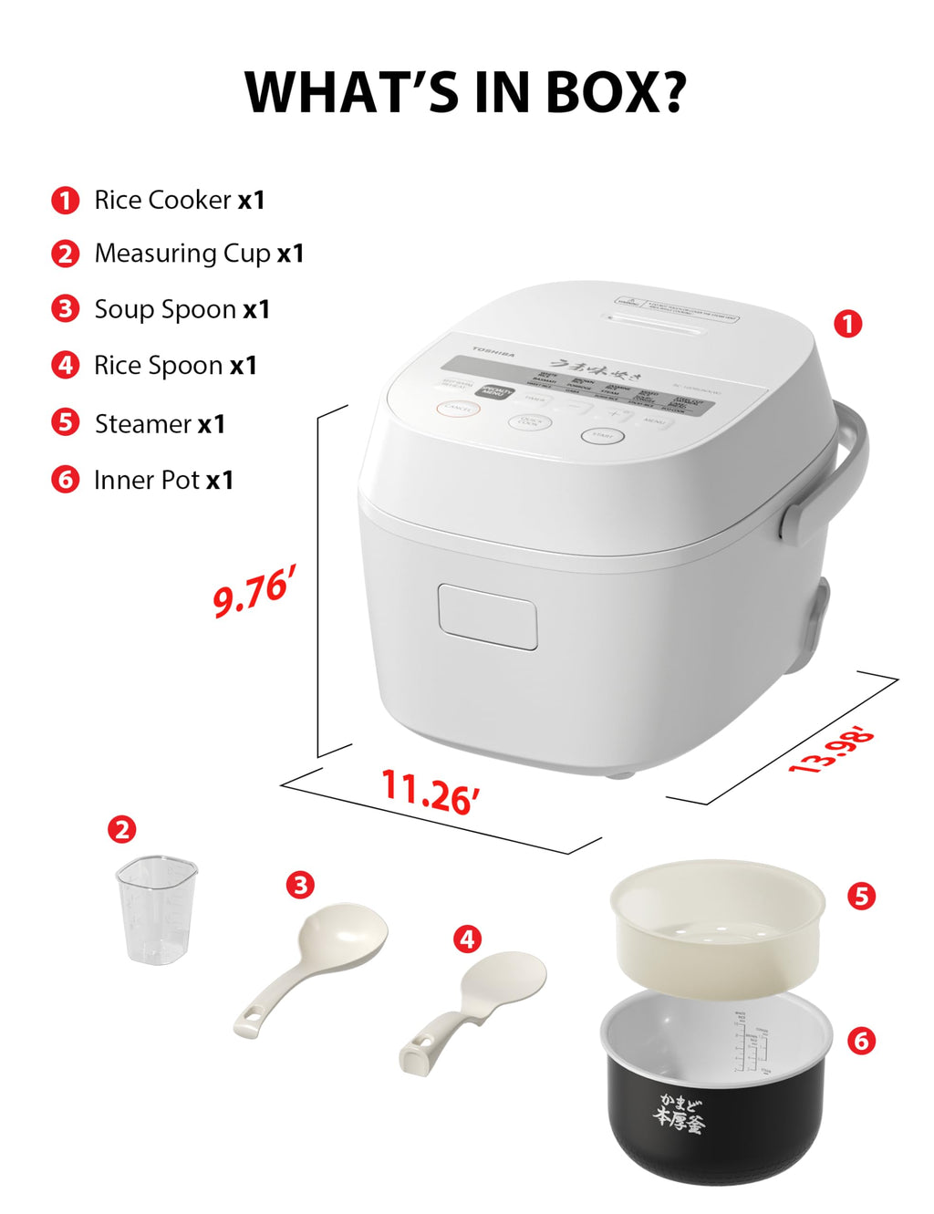 TOSHIBA OriginTaste Rice Cooker 5.5-Cup Uncooked, Fuzzy Logic, 15-in-1 Functions, Digital Display, Delay Timer, Keep Warm, Nonstick Inner Pot, White