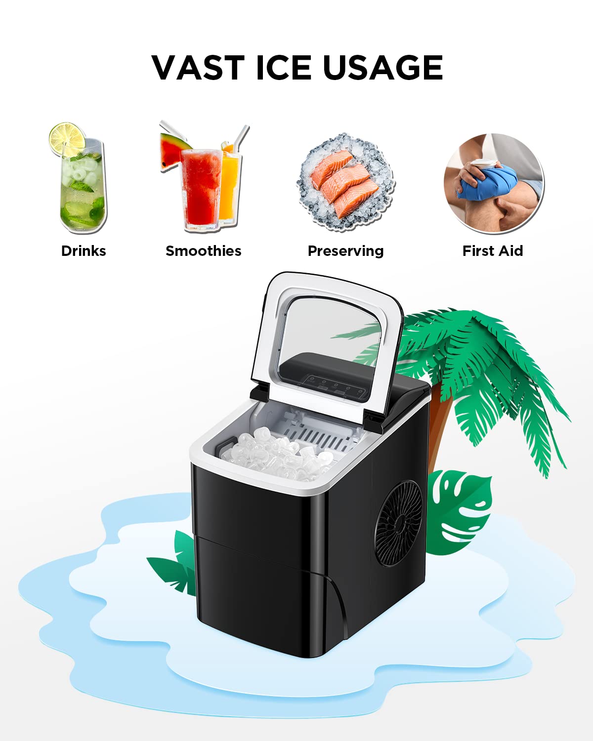 Silonn Ice Maker Countertop, Portable Ice Machine with Carry Handle, Self-Cleaning Ice Makers with Basket and Scoop, 9 Cubes in 6 Mins, 26 lbs per Day, Ideal for Home, Kitchen, Camping, RV
