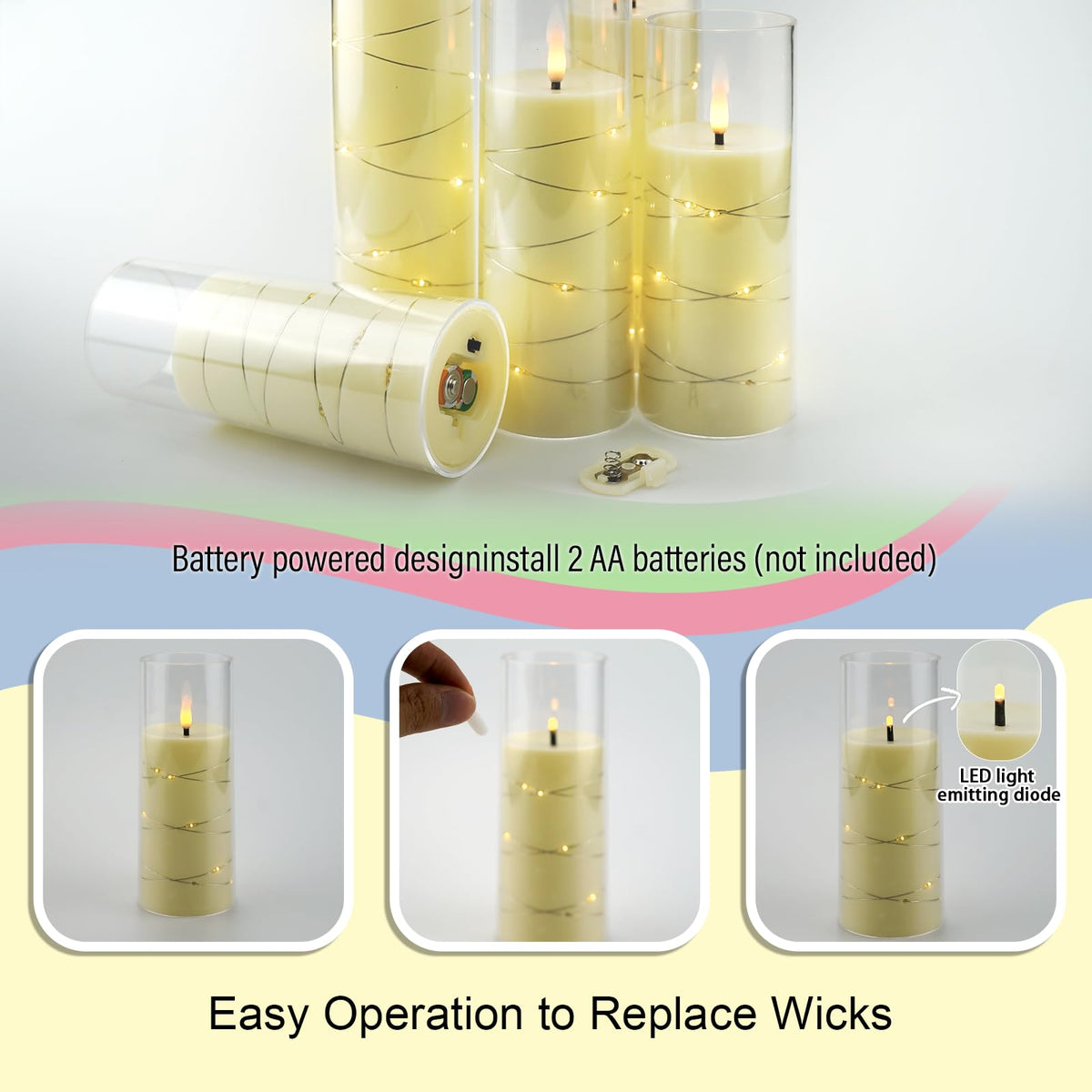 kakoya Flameless LED Candles with Timer 5 Pc Flickering Flameless Candles for Romantic Ambiance and Home Decoration Stable Acrylic Shell,with Embedded Star String，Battery Operated Candles（Grey）