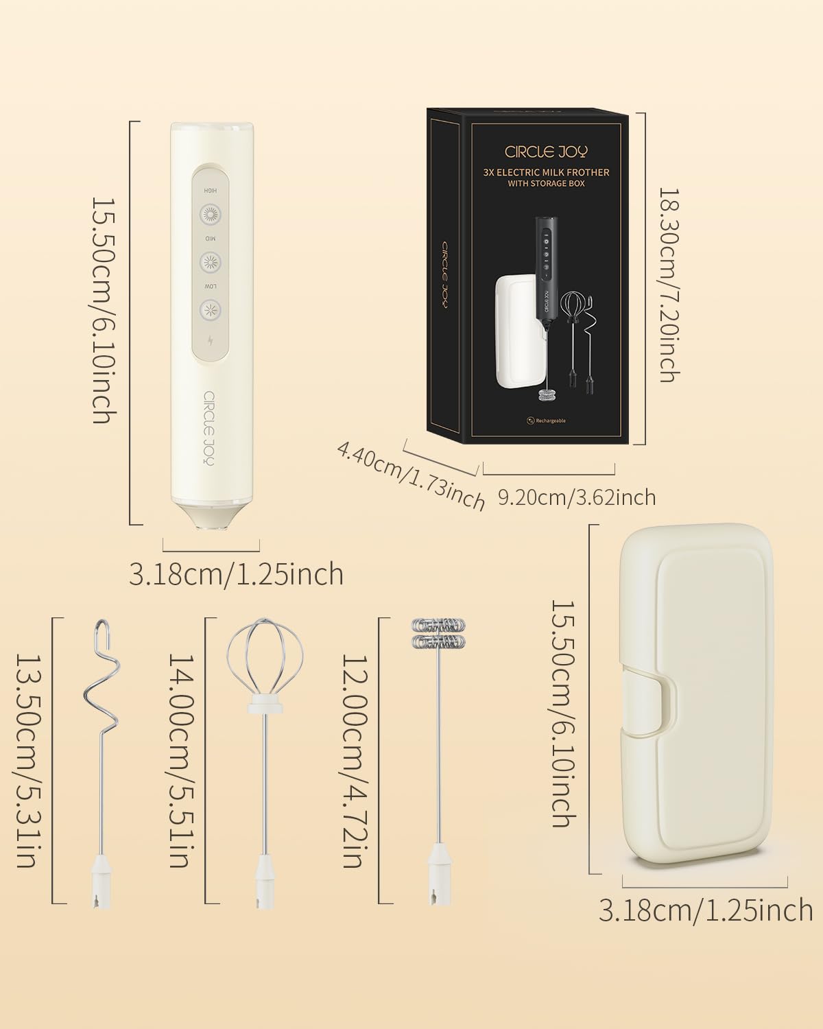 CIRCLE JOY Rechargeable Handheld Milk Frother Wand with Stand, 3 Variable Speeds, 3 Whisks and Storage Box, Electric Drink Mixer for Latte, Cappuccino, Hot Chocolate, Eggs and Protein Powder, Black