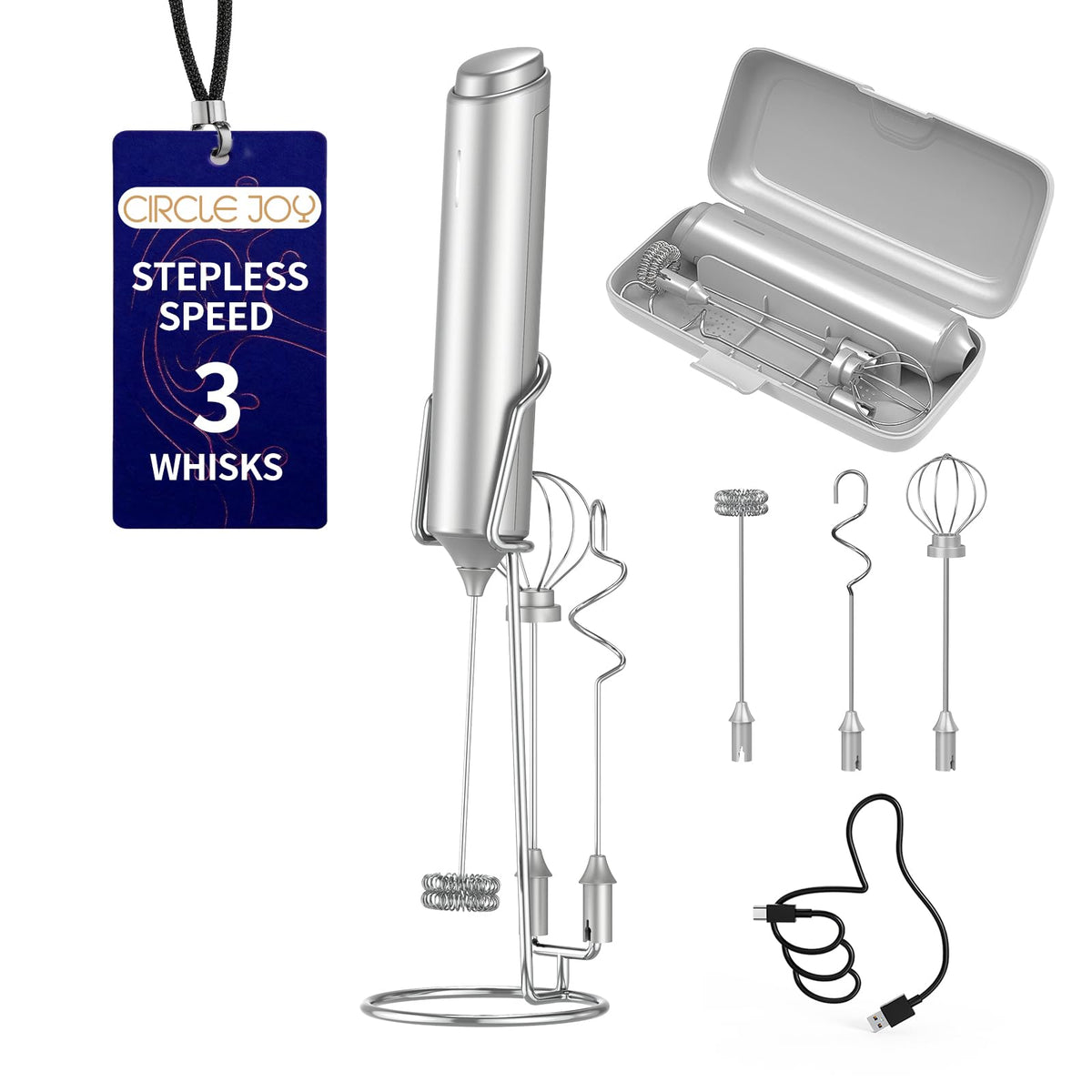 CIRCLE JOY Rechargeable Handheld Milk Frother Wand with Stand, 3 Variable Speeds, 3 Whisks and Storage Box, Electric Drink Mixer for Latte, Cappuccino, Hot Chocolate, Eggs and Protein Powder, Black