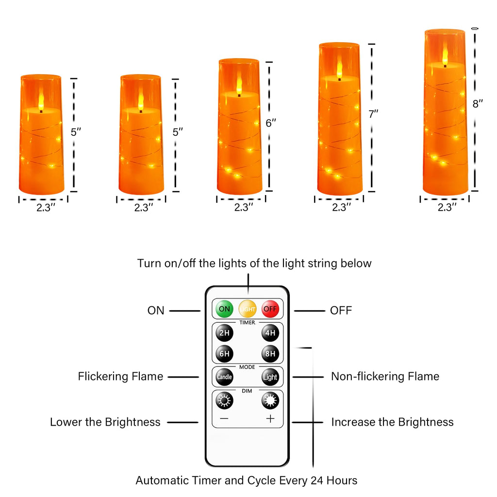 kakoya Flameless LED Candles with Timer 5 Pc Flickering Flameless Candles for Romantic Ambiance and Home Decoration Stable Acrylic Shell,with Embedded Star String，Battery Operated Candles（Grey）