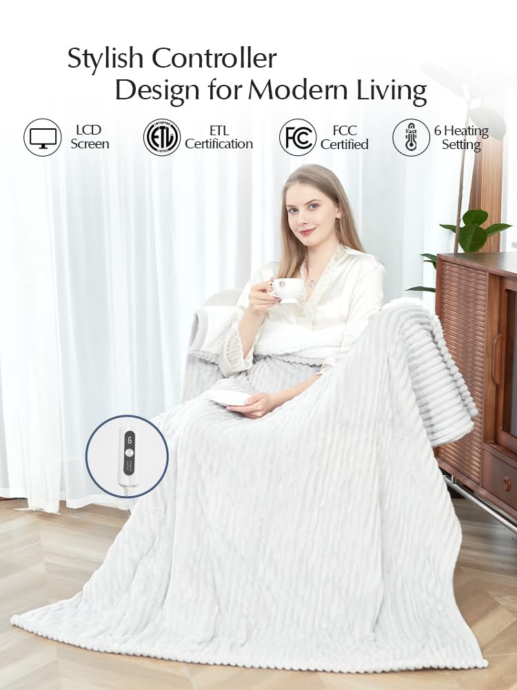 SNUGSUN Heated Blanket Throw Size, Soft and Cozy Electric Heating Blanket for Bed, Automatic Safety System 6 Heating Levels & 4 Hours Auto-Off Gift for Grandma,50" x 60" London Grey