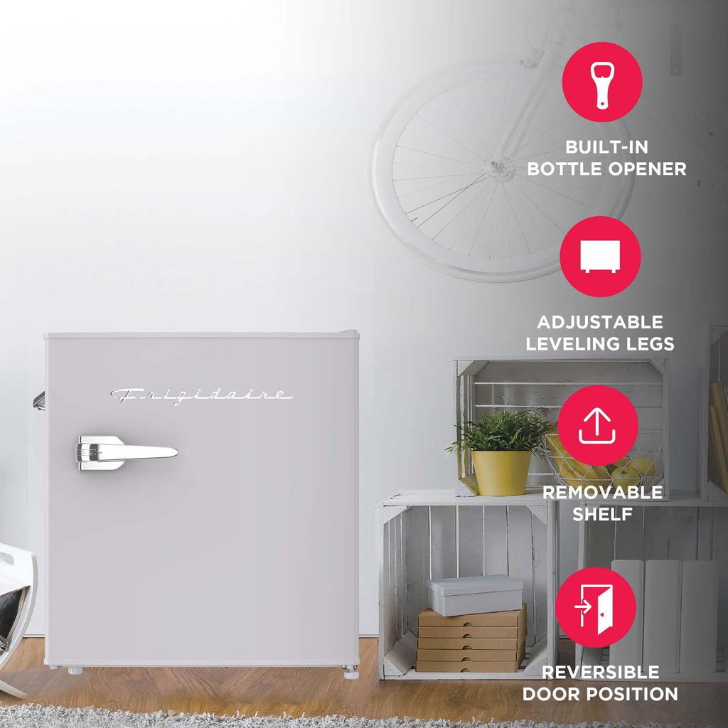 Frigidaire Retro Compact Fridge with Chiller, Countertop, Built-in Bottle Opener, Compact Refrigerator 1.6 cu ft, Mini Fridge for Office, Bedroom, Dorm Room or Cabin - 16" D x 18" W x 18.5" H (White)