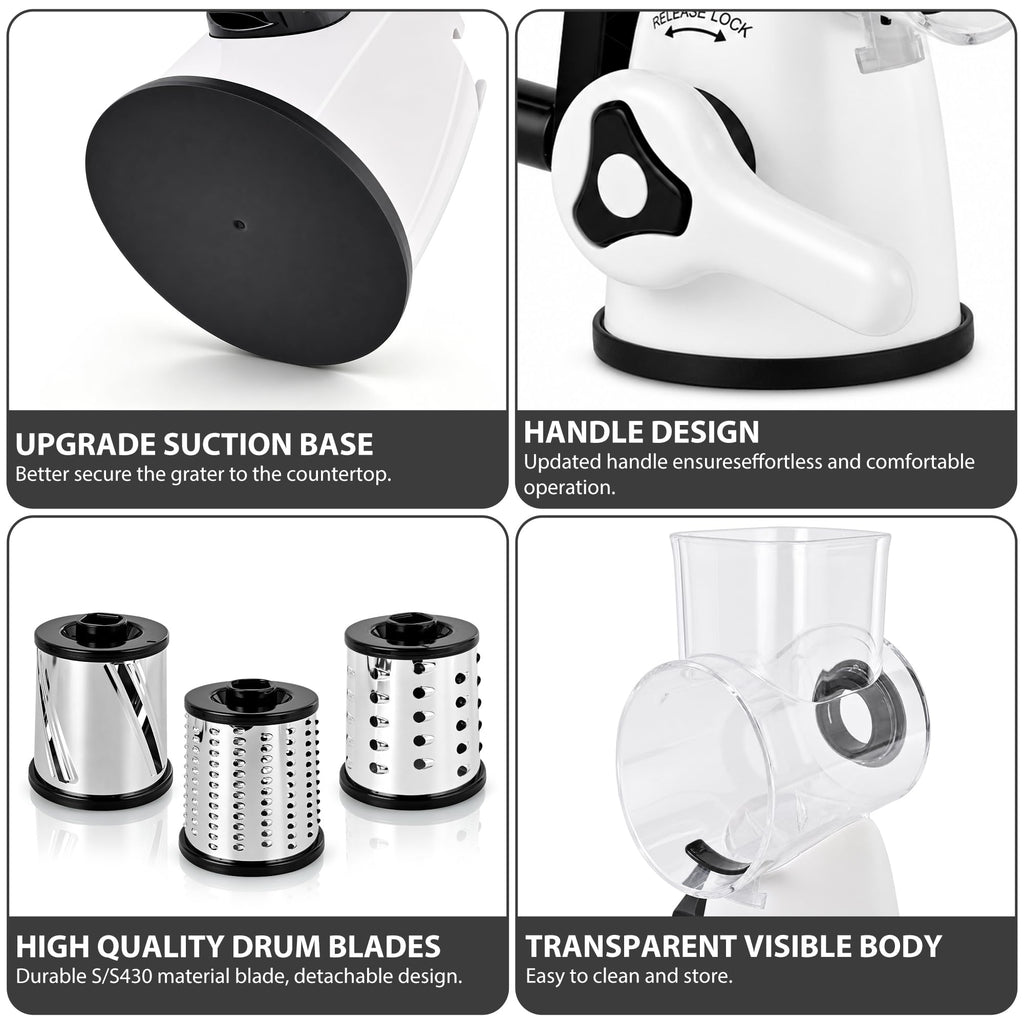 SUSTEAS Rotary Cheese Grater, Large Vegetable Food Shredder, 5 Blades