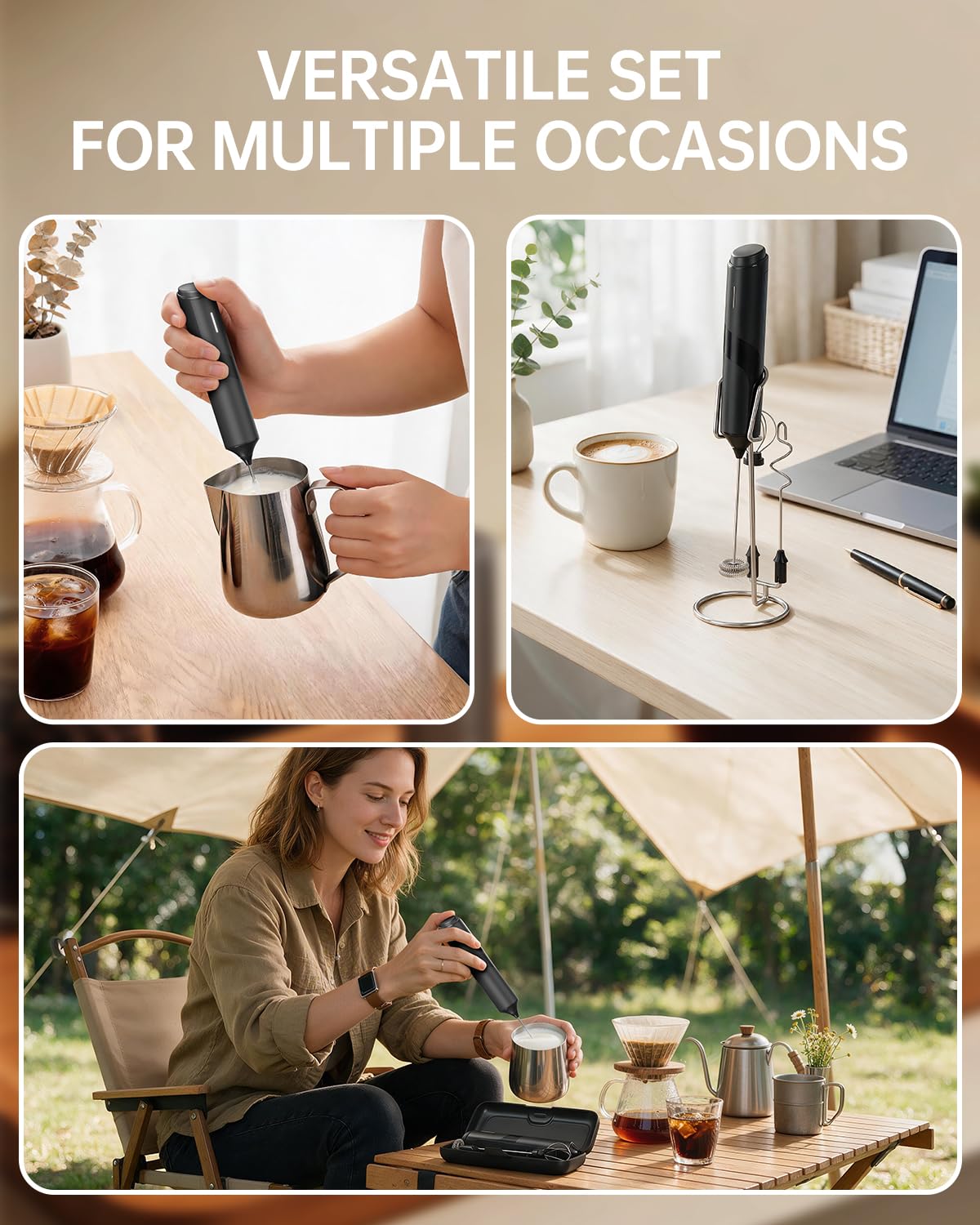 CIRCLE JOY Rechargeable Handheld Milk Frother Wand with Stand, 3 Variable Speeds, 3 Whisks and Storage Box, Electric Drink Mixer for Latte, Cappuccino, Hot Chocolate, Eggs and Protein Powder, Black