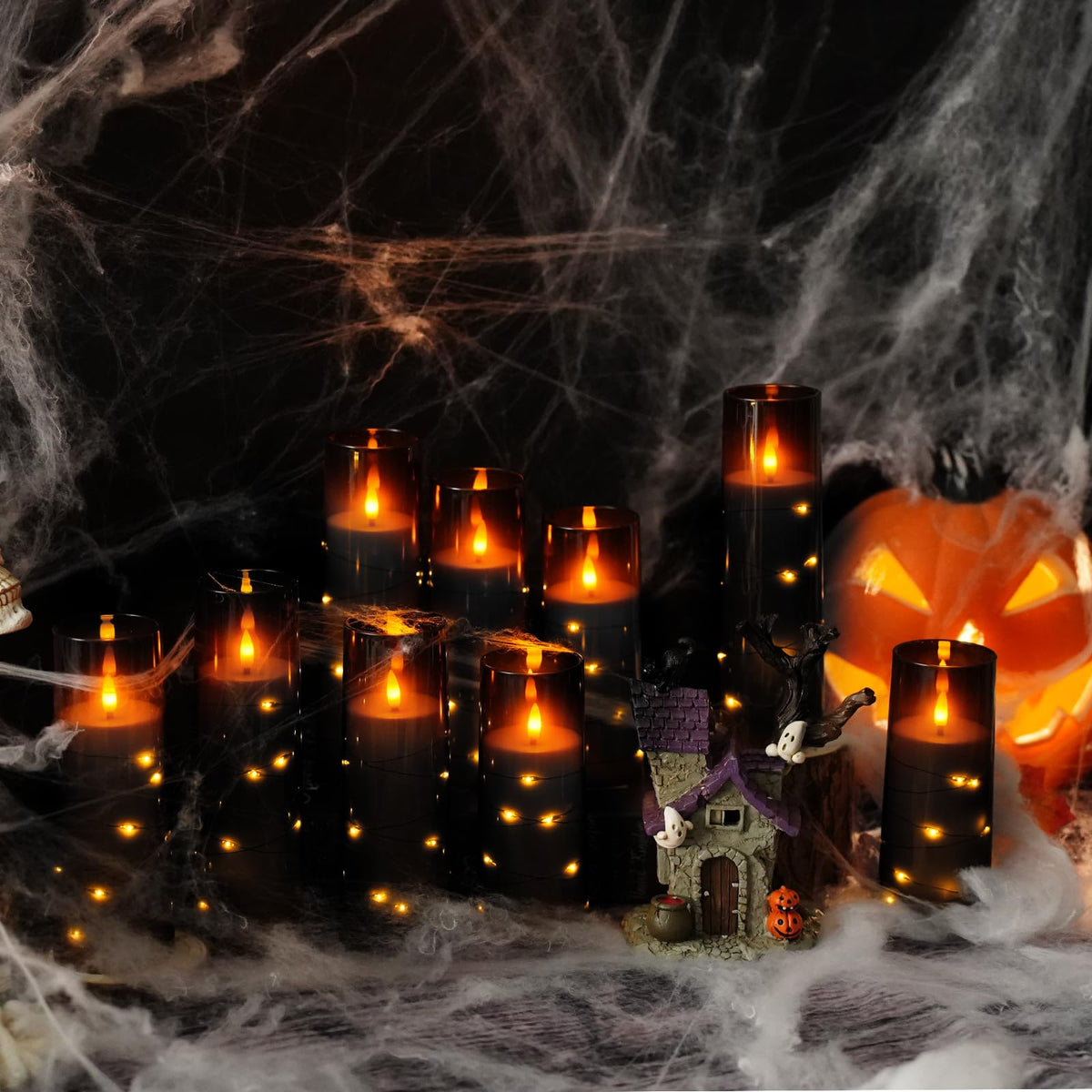 kakoya Flameless LED Candles with Timer 5 Pc Flickering Flameless Candles for Romantic Ambiance and Home Decoration Stable Acrylic Shell,with Embedded Star String，Battery Operated Candles（Grey）