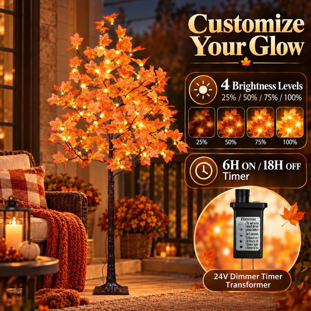 LIGHTSHARE 6FT 120LED Artificial Lighted Maple Tree Warm White Fall Decorations Indoor Ourdoor, Orange