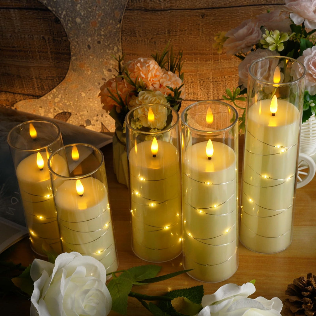kakoya Flameless LED Candles with Timer 5 Pc Flickering Flameless Candles for Romantic Ambiance and Home Decoration Stable Acrylic Shell,with Embedded Star String，Battery Operated Candles（Grey）