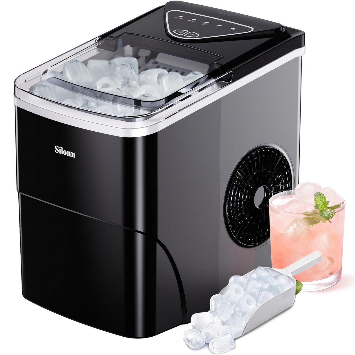 Silonn Ice Maker Countertop, Portable Ice Machine with Carry Handle, Self-Cleaning Ice Makers with Basket and Scoop, 9 Cubes in 6 Mins, 26 lbs per Day, Ideal for Home, Kitchen, Camping, RV