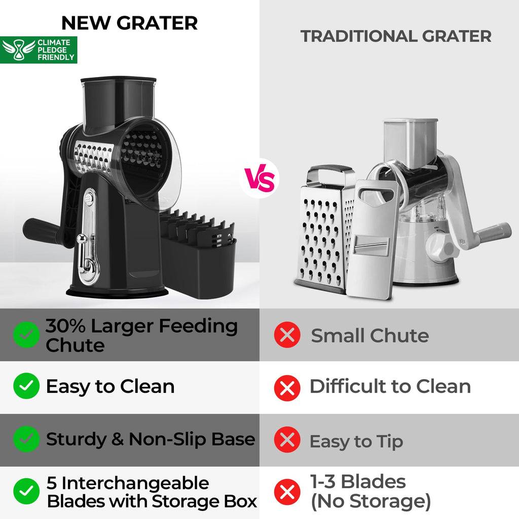 SUSTEAS Rotary Cheese Grater, Large Vegetable Food Shredder, 5 Blades