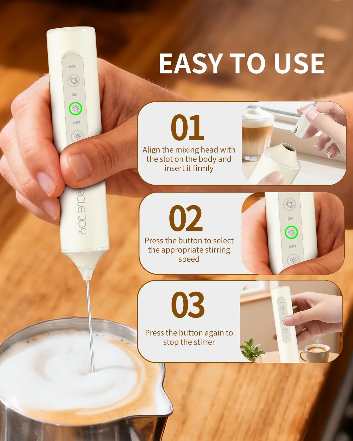 CIRCLE JOY Rechargeable Handheld Milk Frother Wand with Stand, 3 Variable Speeds, 3 Whisks and Storage Box, Electric Drink Mixer for Latte, Cappuccino, Hot Chocolate, Eggs and Protein Powder, Black