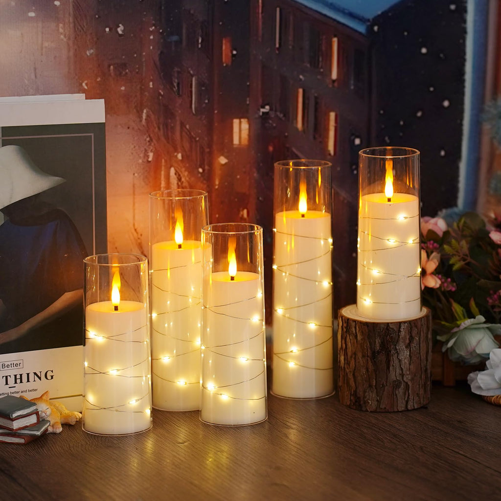 kakoya Flameless LED Candles with Timer 5 Pc Flickering Flameless Candles for Romantic Ambiance and Home Decoration Stable Acrylic Shell,with Embedded Star String，Battery Operated Candles（Grey）
