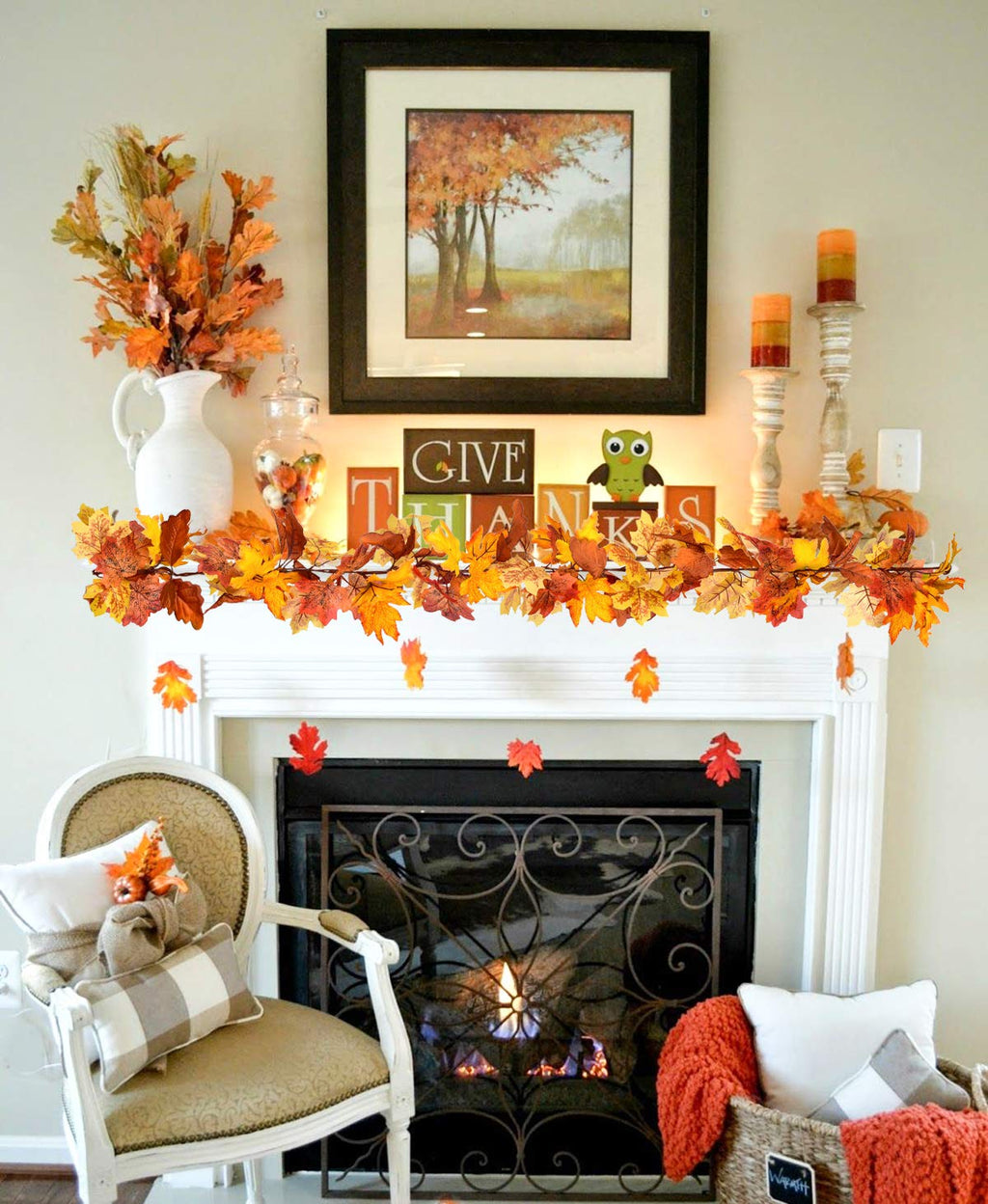 DearHouse 2 Pack Fall Garland Maple Leaf, 5.9Ft/Piece Hanging Vine Garland Artificial Autumn Foliage Garland Thanksgiving Decor for Home Wedding Fireplace Party Christmas (Green)