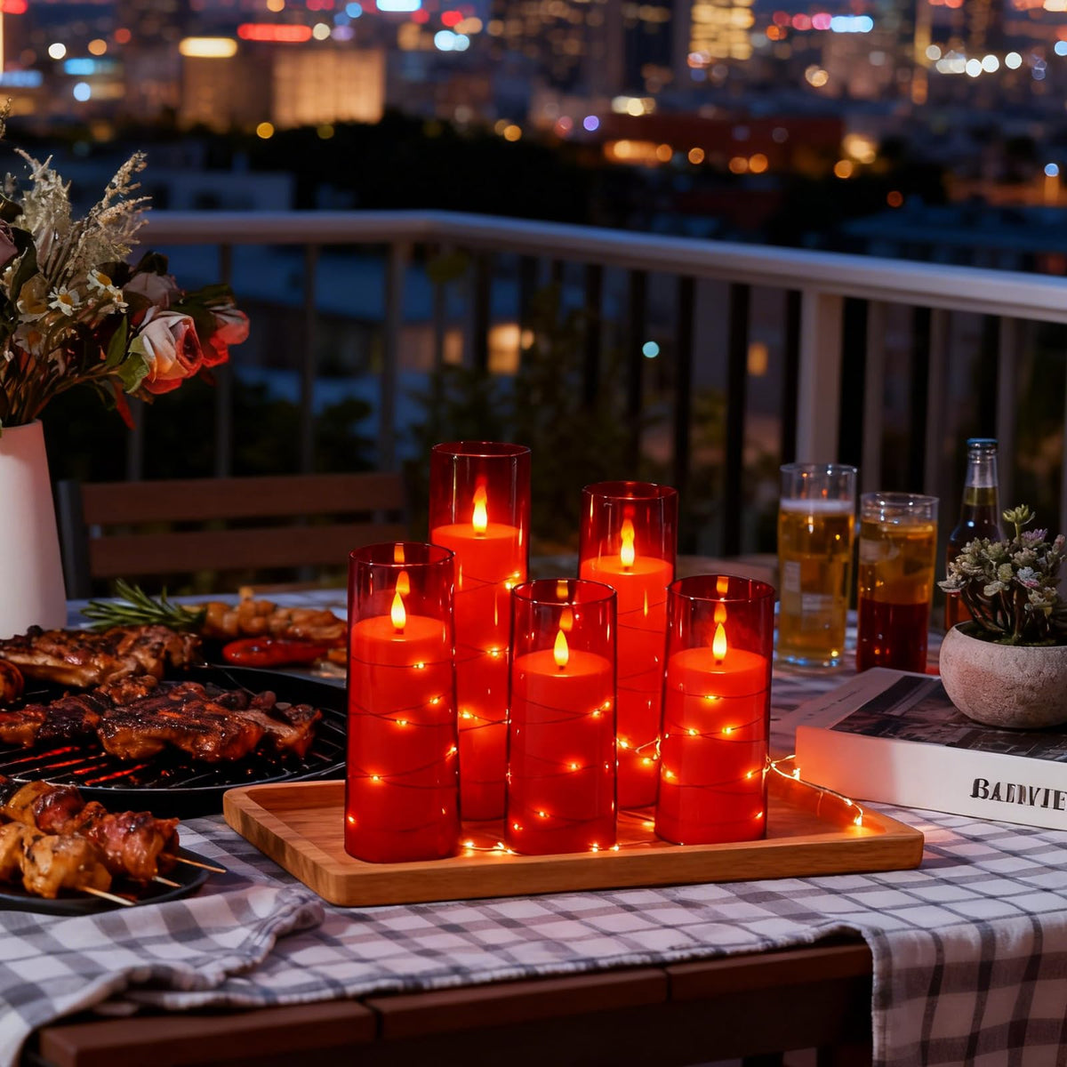 kakoya Flameless LED Candles with Timer 5 Pc Flickering Flameless Candles for Romantic Ambiance and Home Decoration Stable Acrylic Shell,with Embedded Star String，Battery Operated Candles（Grey）