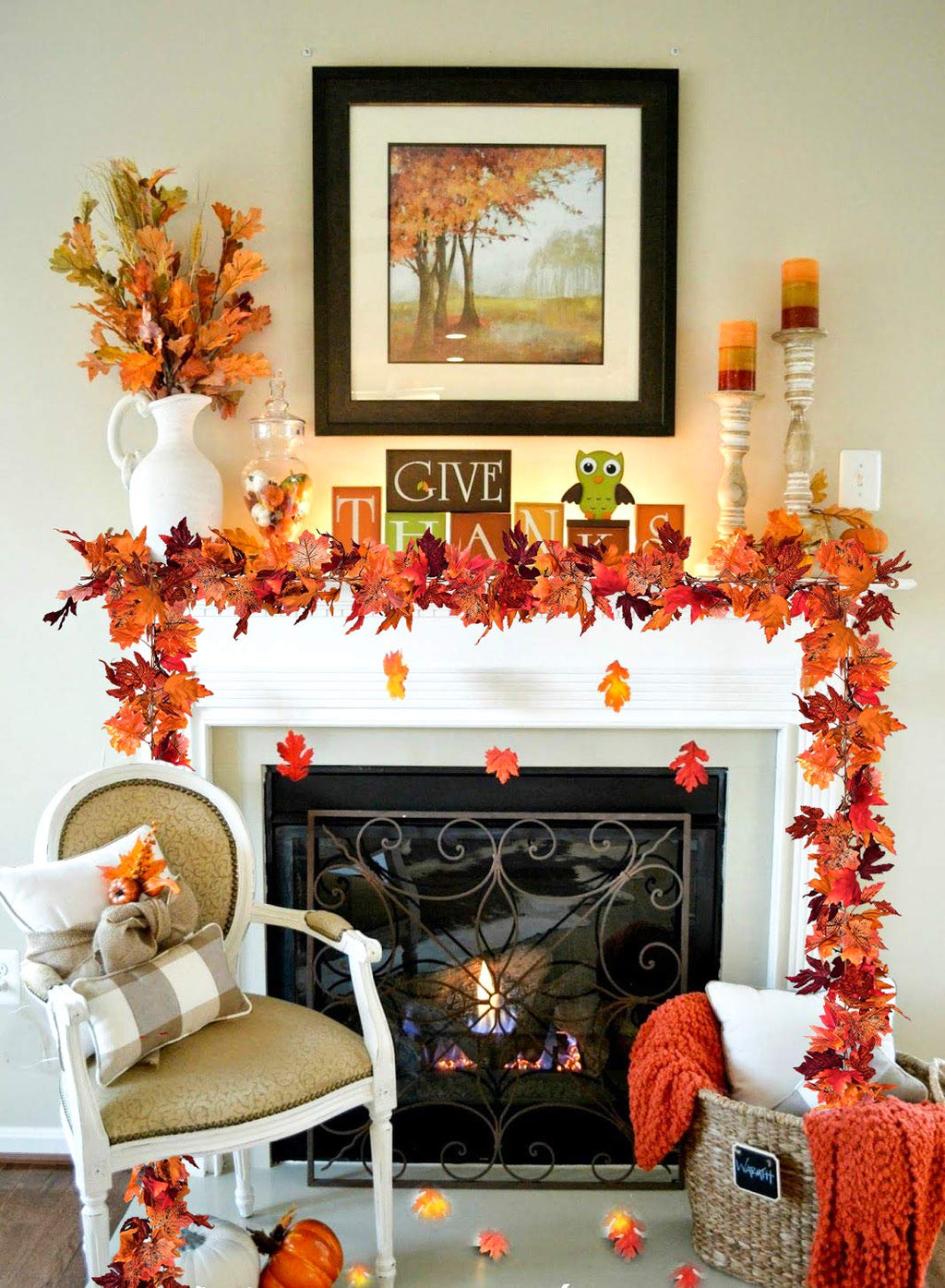 DearHouse 2 Pack Fall Garland Maple Leaf, 5.9Ft/Piece Hanging Vine Garland Artificial Autumn Foliage Garland Thanksgiving Decor for Home Wedding Fireplace Party Christmas (Green)