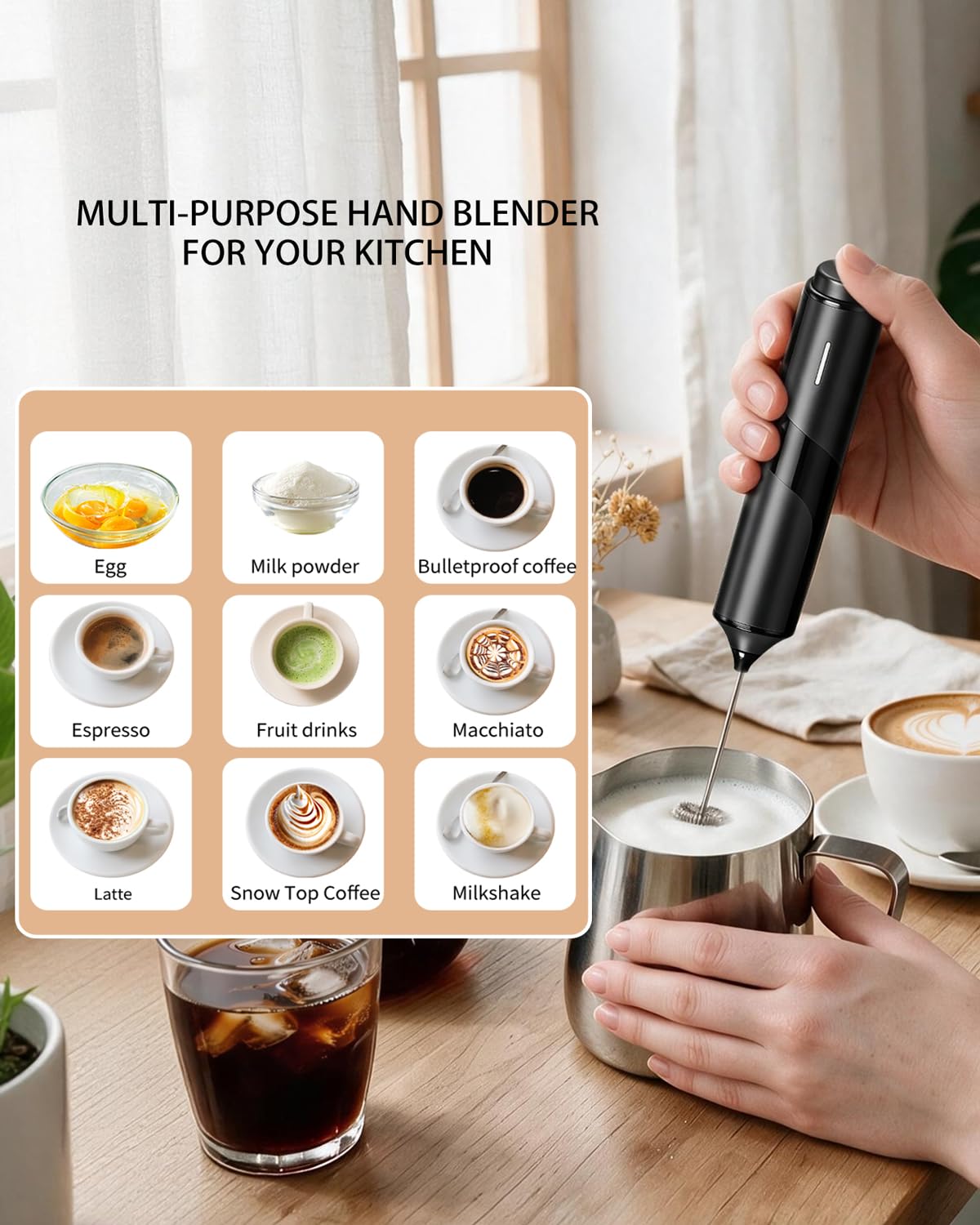 CIRCLE JOY Rechargeable Handheld Milk Frother Wand with Stand, 3 Variable Speeds, 3 Whisks and Storage Box, Electric Drink Mixer for Latte, Cappuccino, Hot Chocolate, Eggs and Protein Powder, Black