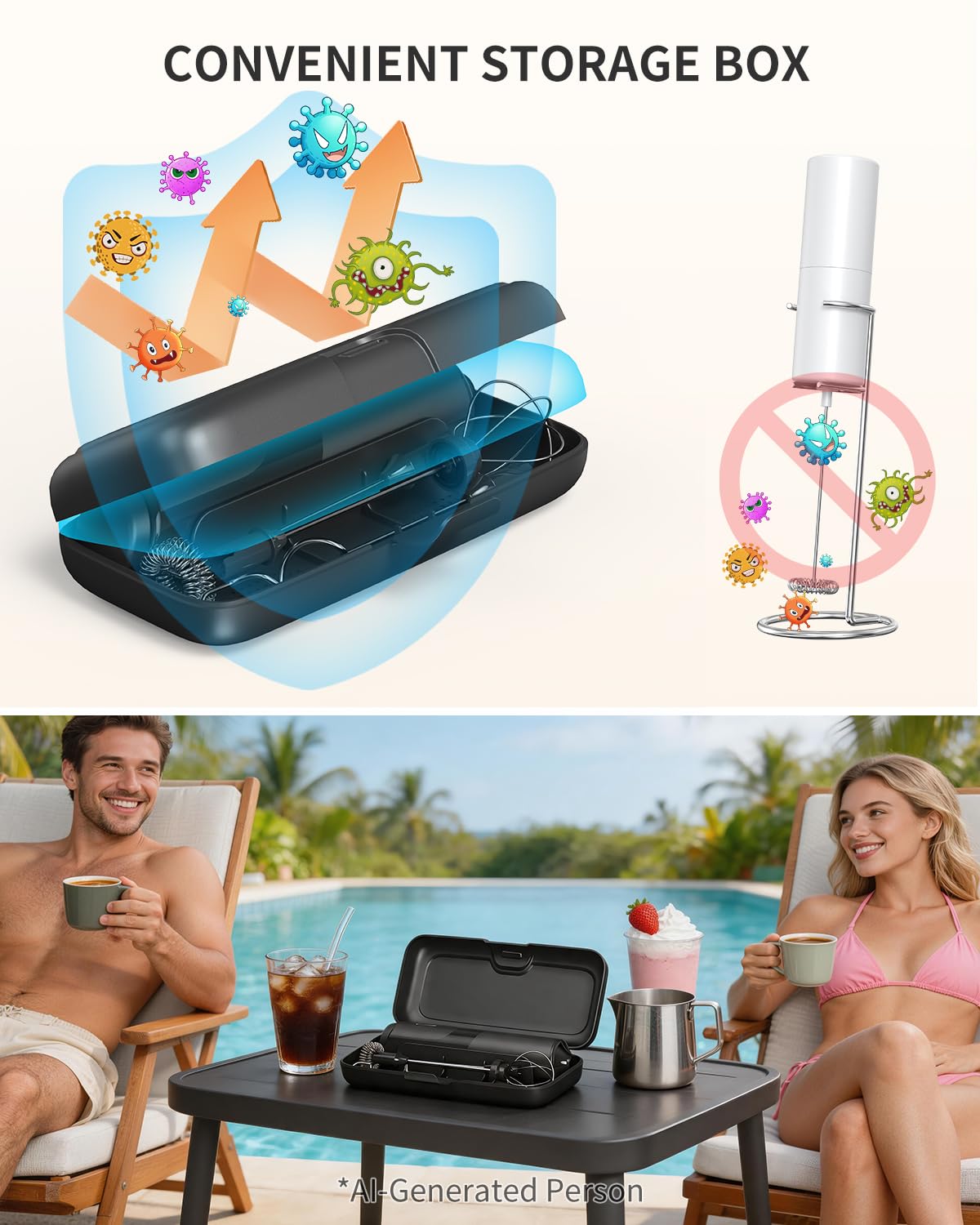 CIRCLE JOY Rechargeable Handheld Milk Frother Wand with Stand, 3 Variable Speeds, 3 Whisks and Storage Box, Electric Drink Mixer for Latte, Cappuccino, Hot Chocolate, Eggs and Protein Powder, Black