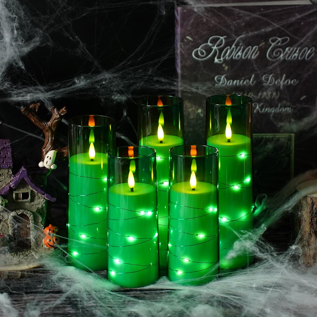 kakoya Flameless LED Candles with Timer 5 Pc Flickering Flameless Candles for Romantic Ambiance and Home Decoration Stable Acrylic Shell,with Embedded Star String，Battery Operated Candles（Grey）