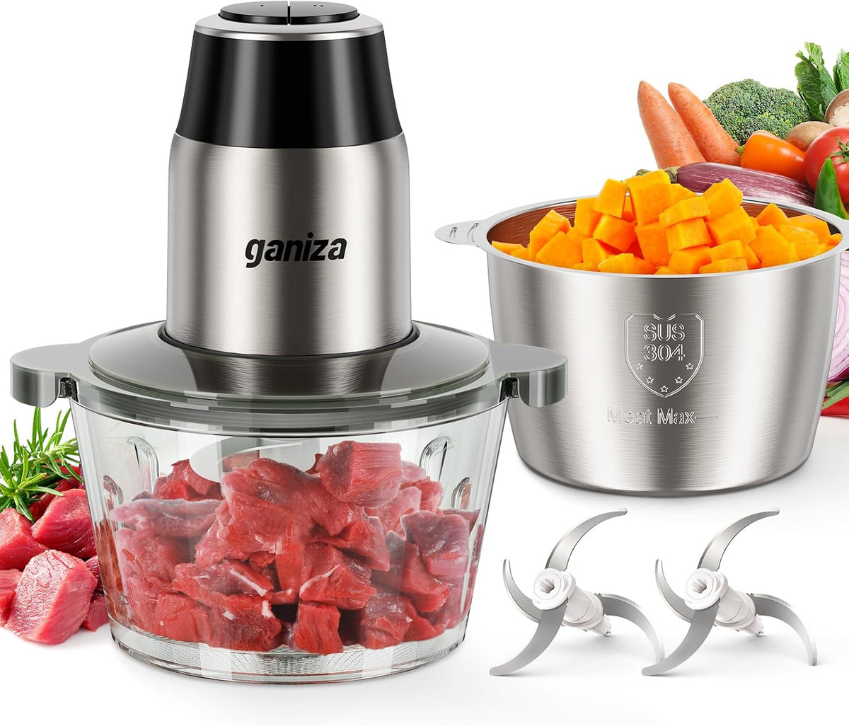 Ganiza Food Processors with 2 Bowls, 450W Meat Grinder Vegetable Chopper