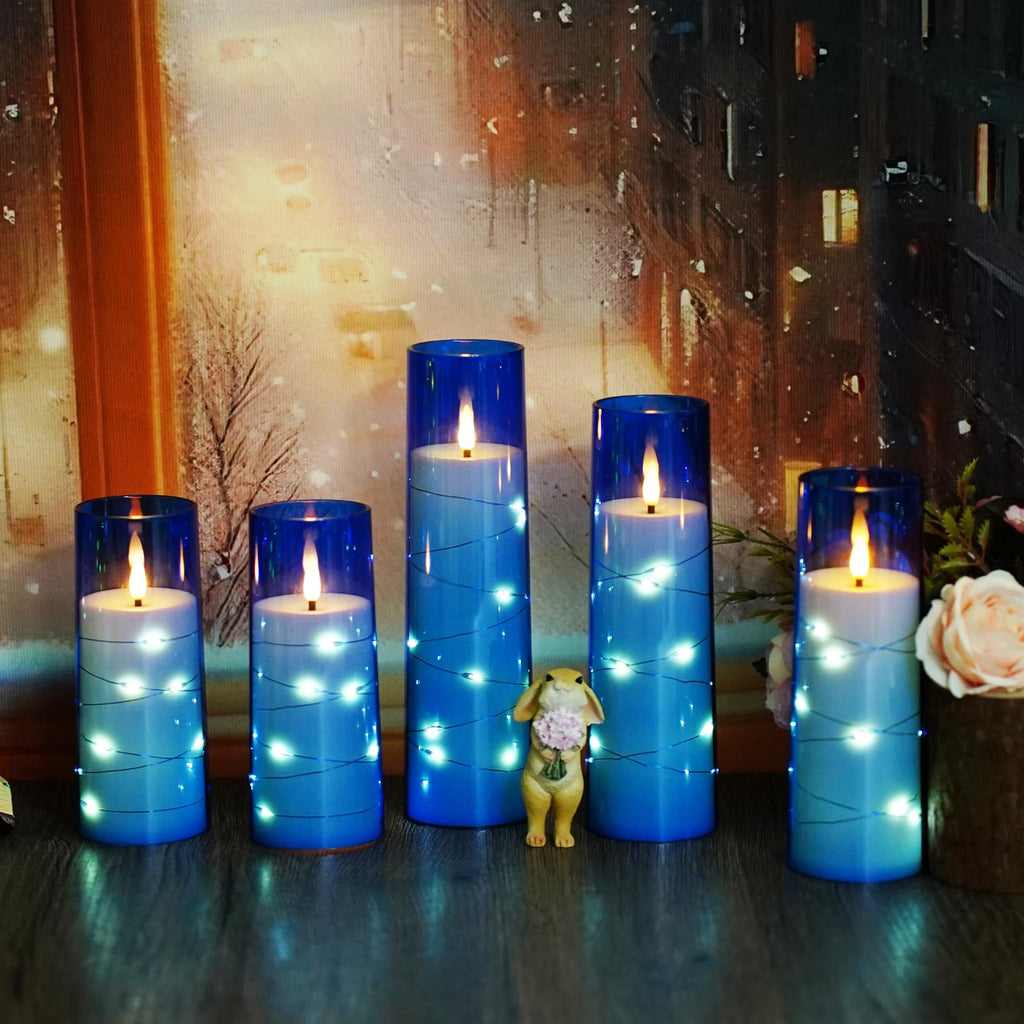 kakoya Flameless LED Candles with Timer 5 Pc Flickering Flameless Candles for Romantic Ambiance and Home Decoration Stable Acrylic Shell,with Embedded Star String，Battery Operated Candles（Grey）