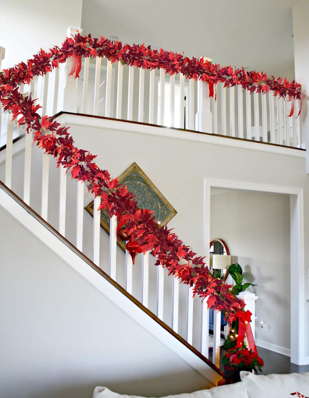 DearHouse 2 Pack Fall Garland Maple Leaf, 5.9Ft/Piece Hanging Vine Garland Artificial Autumn Foliage Garland Thanksgiving Decor for Home Wedding Fireplace Party Christmas (Green)