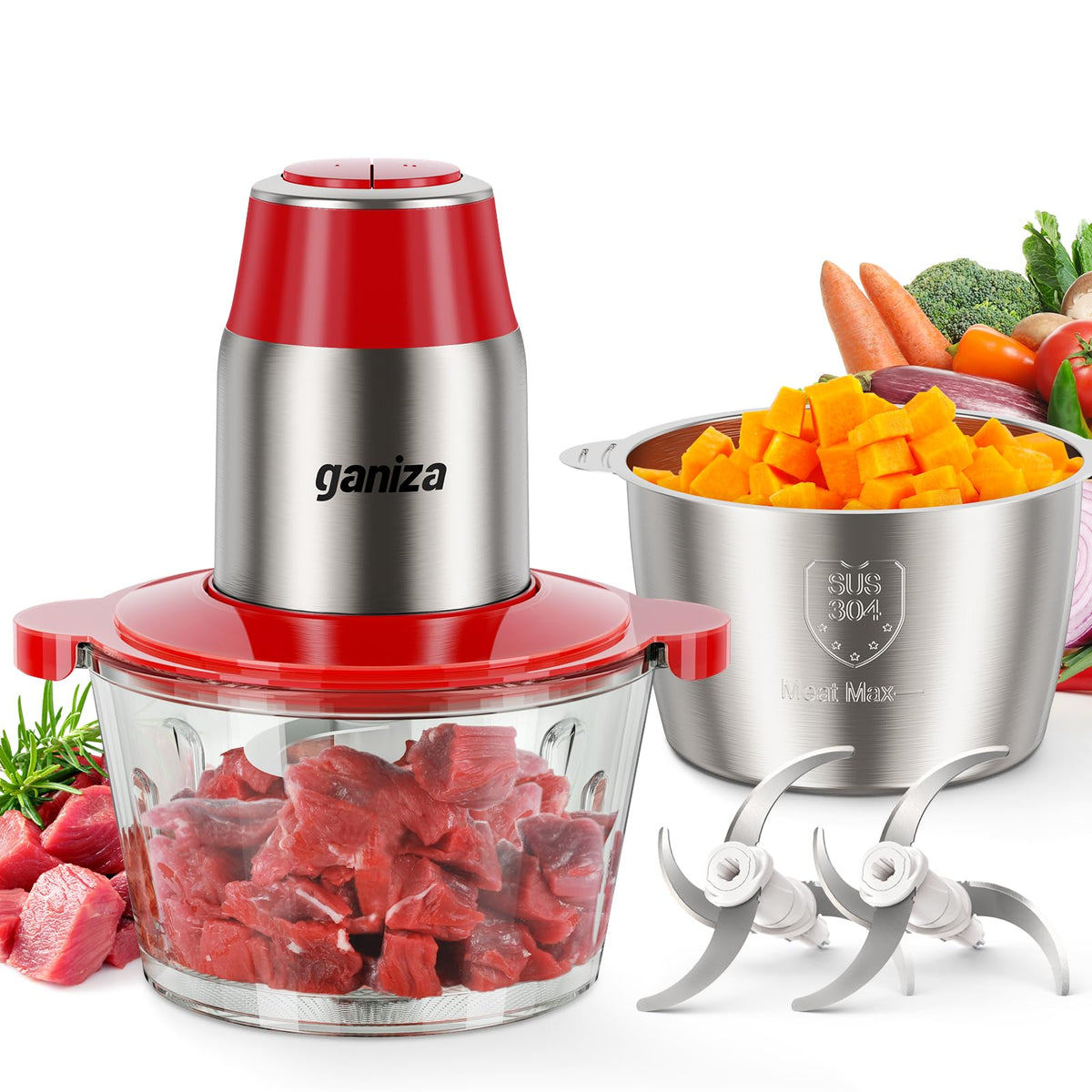 Ganiza Food Processors with 2 Bowls, 450W Meat Grinder Vegetable Chopper