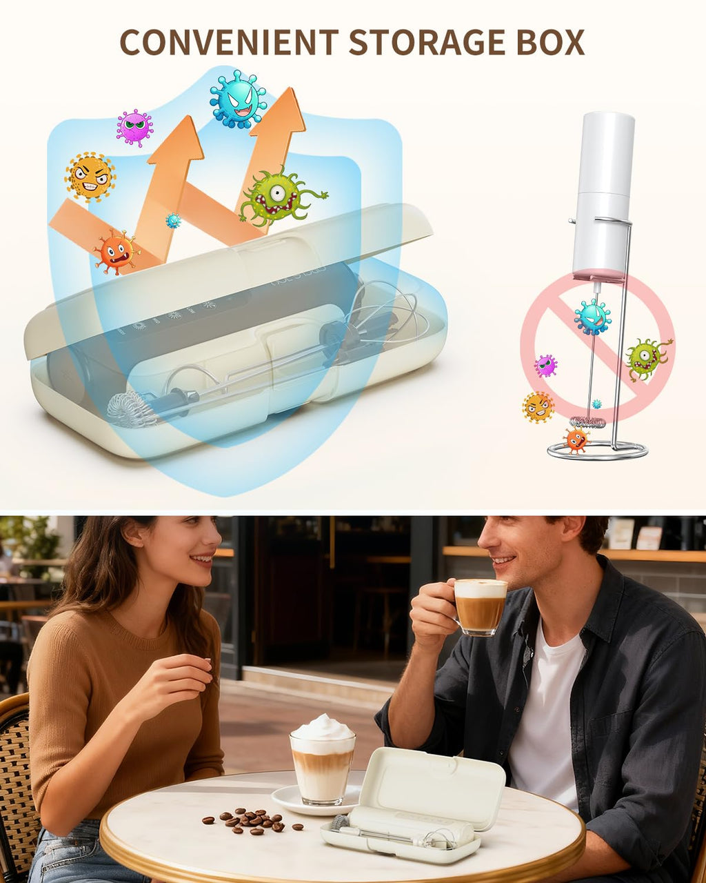 CIRCLE JOY Rechargeable Handheld Milk Frother Wand with Stand, 3 Variable Speeds, 3 Whisks and Storage Box, Electric Drink Mixer for Latte, Cappuccino, Hot Chocolate, Eggs and Protein Powder, Black