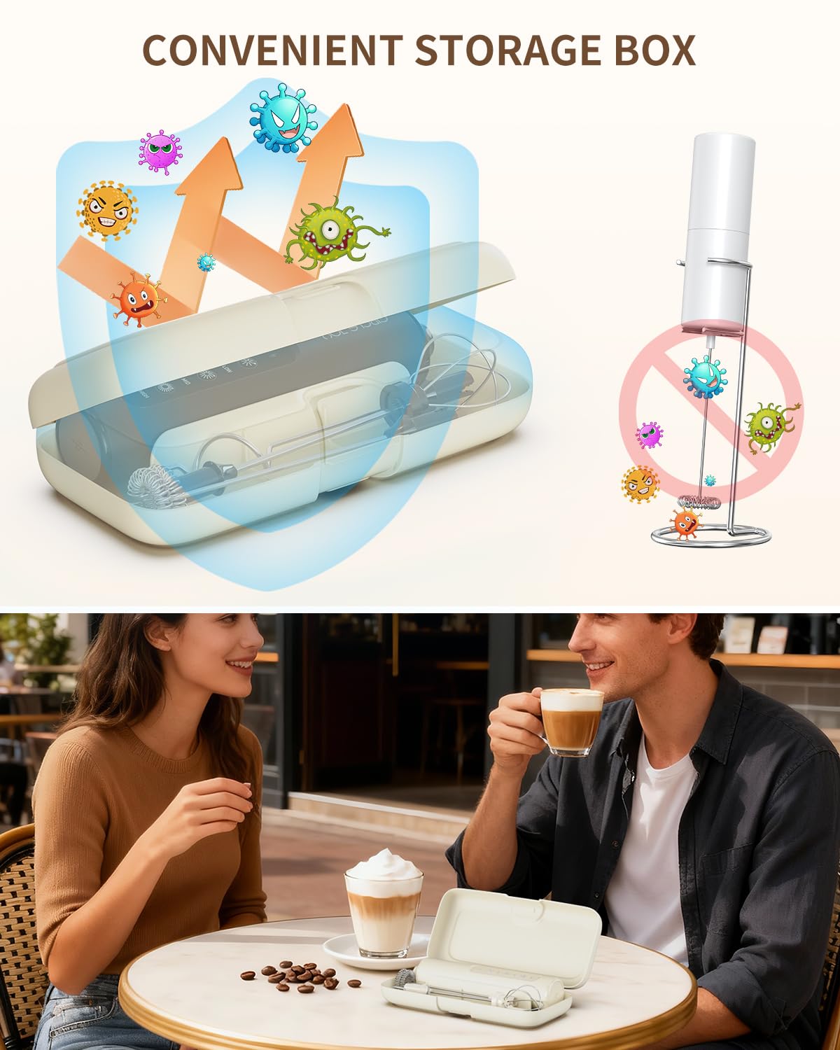 CIRCLE JOY Rechargeable Handheld Milk Frother Wand with Stand, 3 Variable Speeds, 3 Whisks and Storage Box, Electric Drink Mixer for Latte, Cappuccino, Hot Chocolate, Eggs and Protein Powder, Black