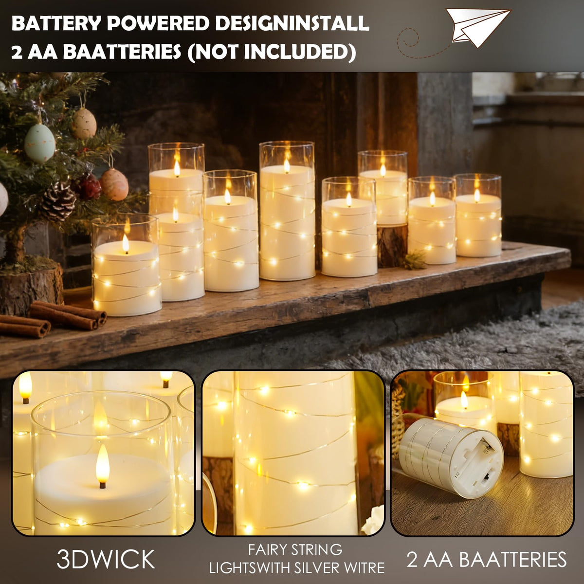 kakoya Flameless LED Candles with Timer 5 Pc Flickering Flameless Candles for Romantic Ambiance and Home Decoration Stable Acrylic Shell,with Embedded Star String，Battery Operated Candles（Grey）