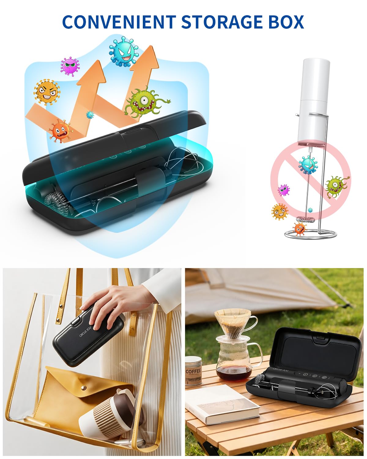 CIRCLE JOY Rechargeable Handheld Milk Frother Wand with Stand, 3 Variable Speeds, 3 Whisks and Storage Box, Electric Drink Mixer for Latte, Cappuccino, Hot Chocolate, Eggs and Protein Powder, Black