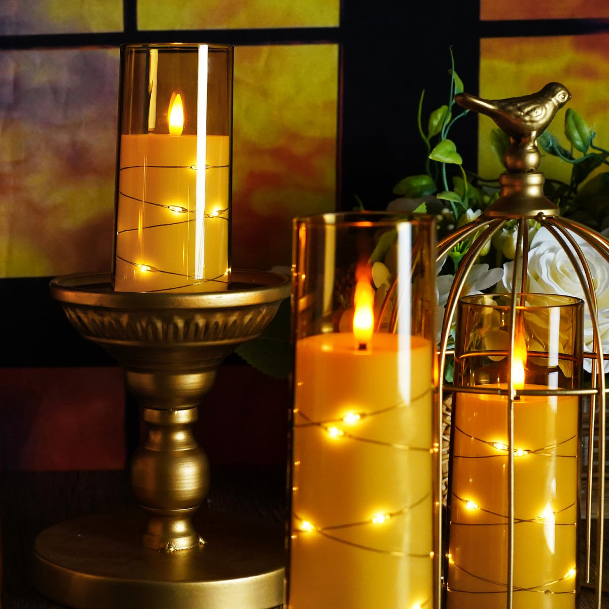 kakoya Flameless LED Candles with Timer 5 Pc Flickering Flameless Candles for Romantic Ambiance and Home Decoration Stable Acrylic Shell,with Embedded Star String，Battery Operated Candles（Grey）