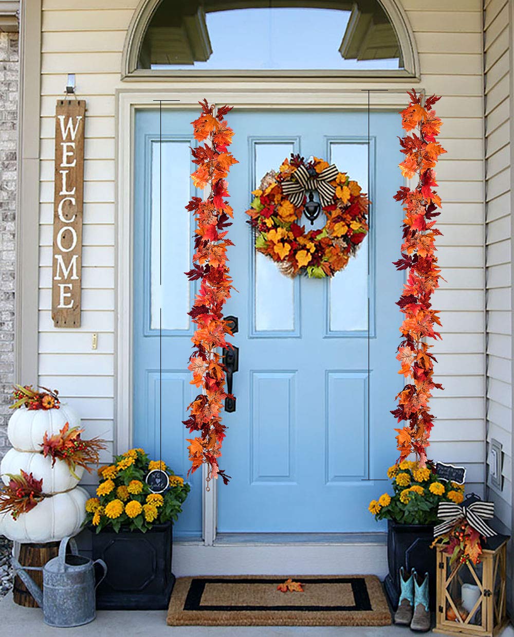 DearHouse 2 Pack Fall Garland Maple Leaf, 5.9Ft/Piece Hanging Vine Garland Artificial Autumn Foliage Garland Thanksgiving Decor for Home Wedding Fireplace Party Christmas (Green)